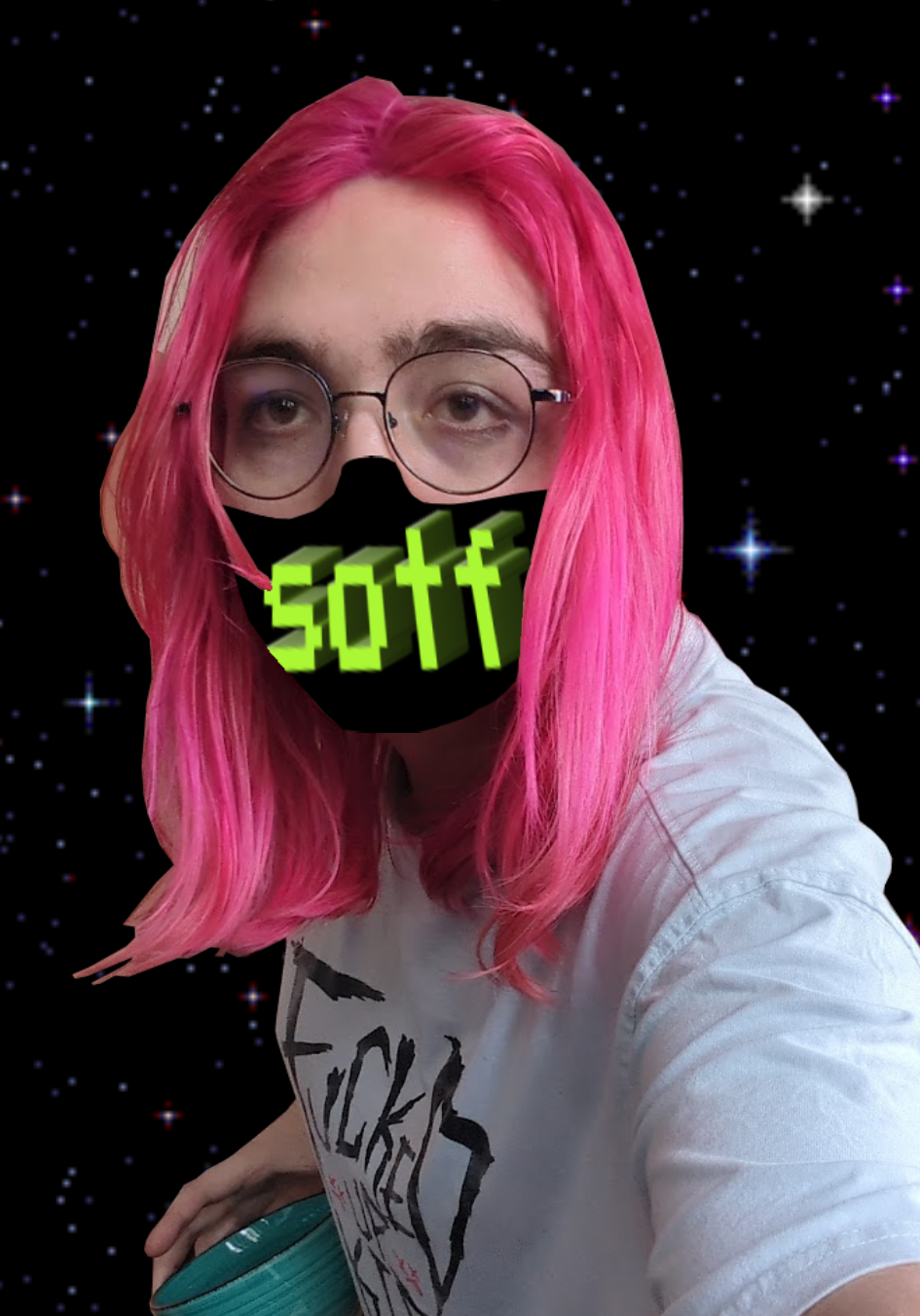Edited picture of demdem, she has pink hair and a Fucked Up Kid shirt